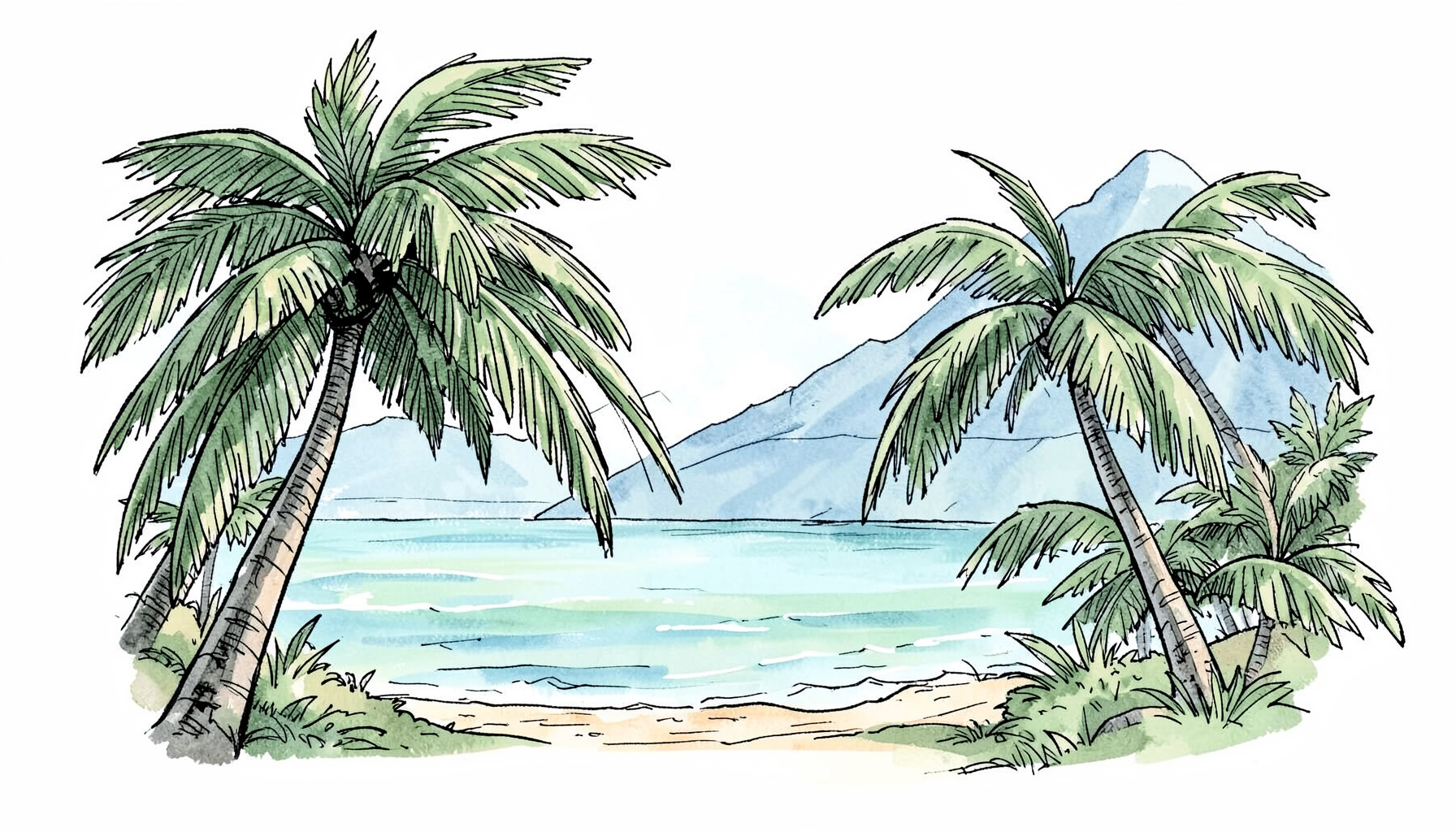 Hand-drawn ink illustration of a tropical coastline with layered palm fronds and distant mountains in soft blue and green tones, calm and inviting mood